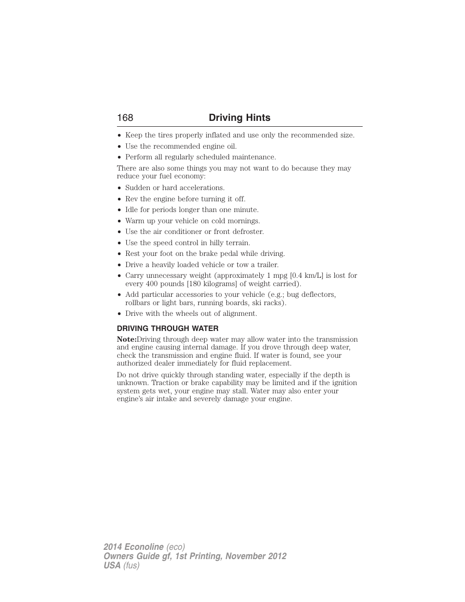 Driving through water, 168 driving hints | FORD 2014 E-450 v.1 User Manual | Page 169 / 438