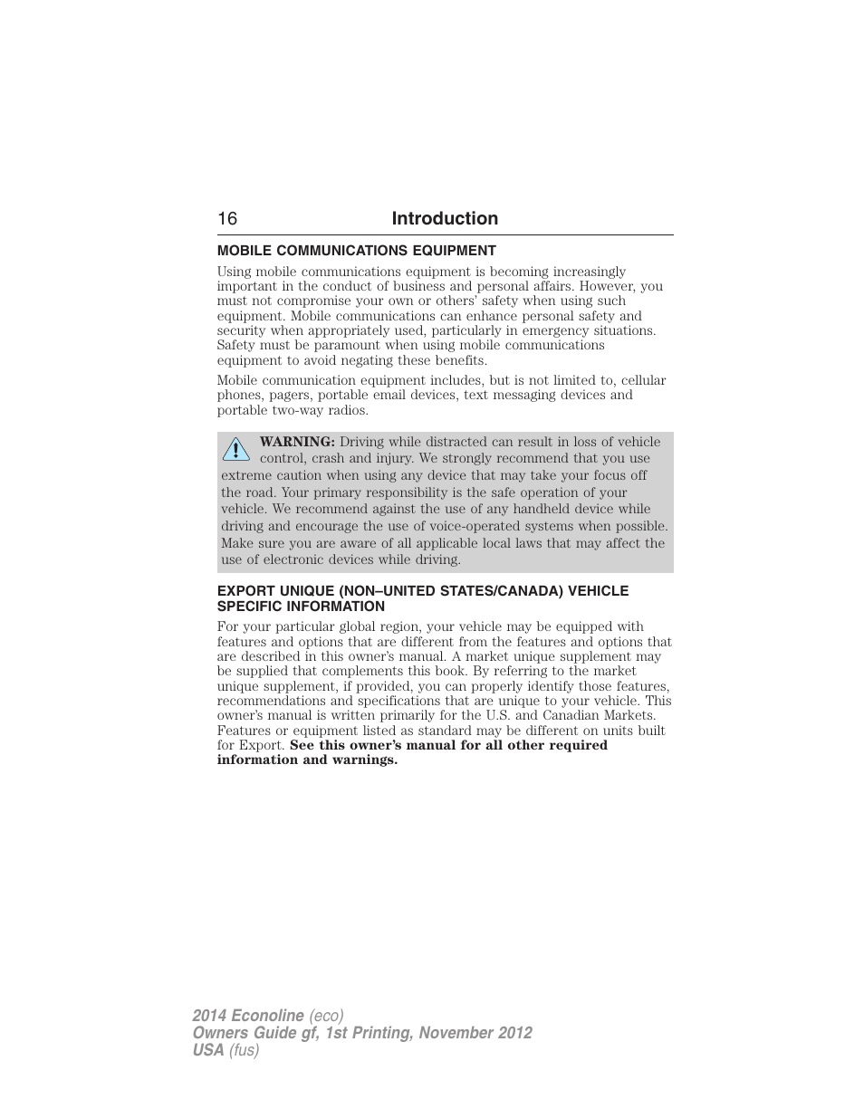 Mobile communications equipment, 16 introduction | FORD 2014 E-450 v.1 User Manual | Page 17 / 438