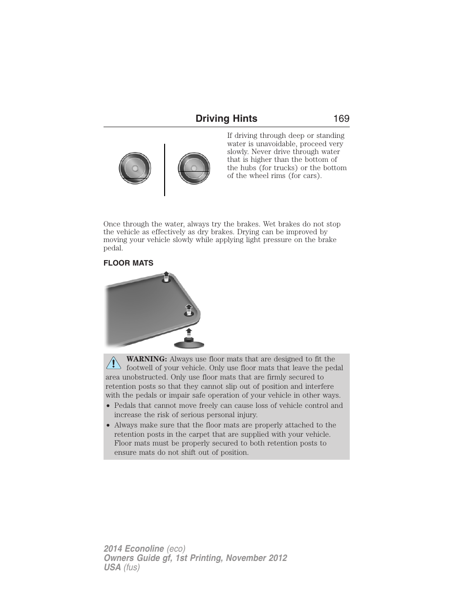 Floor mats, Driving hints 169 | FORD 2014 E-450 v.1 User Manual | Page 170 / 438
