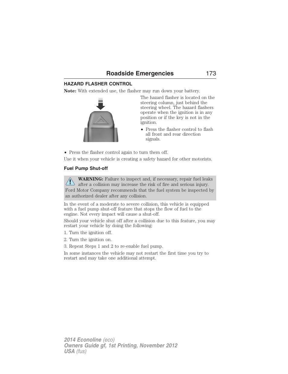 Hazard flasher control, Fuel pump shut-off, Roadside emergencies 173 | FORD 2014 E-450 v.1 User Manual | Page 174 / 438