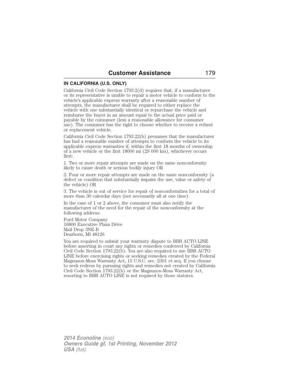 In california (u.s. only), Customer assistance 179 | FORD 2014 E-450 v.1 User Manual | Page 180 / 438