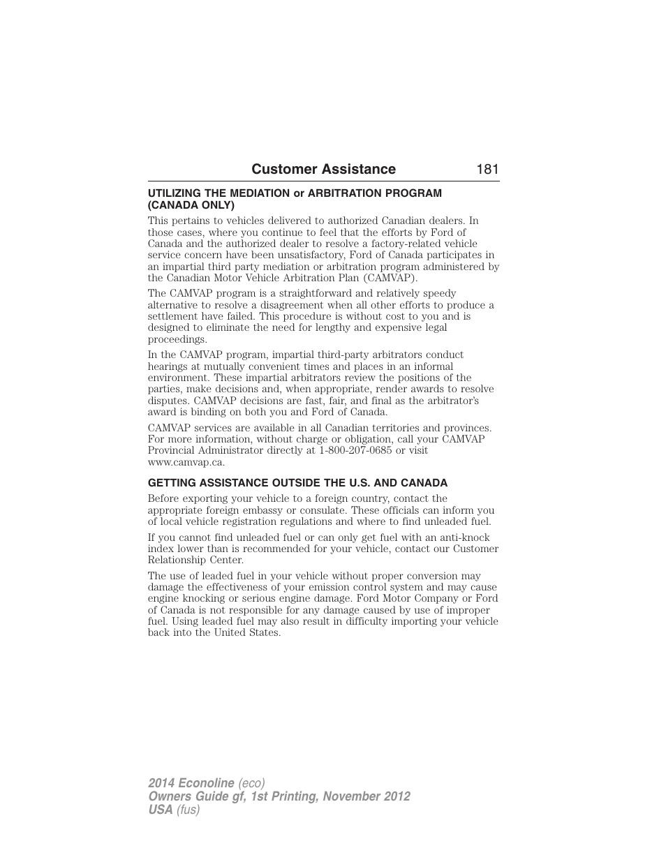 Getting assistance outside the u.s. and canada, Customer assistance 181 | FORD 2014 E-450 v.1 User Manual | Page 182 / 438