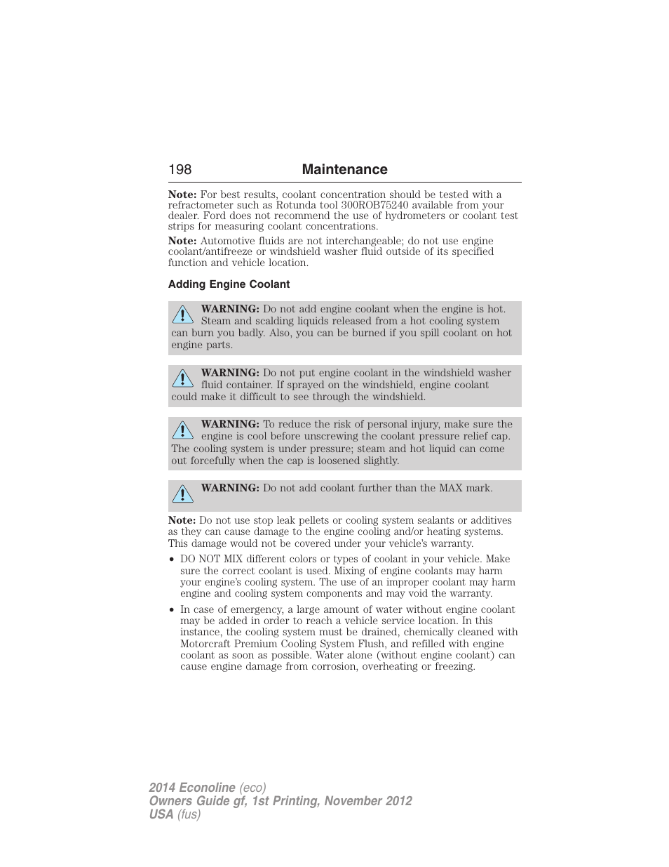 Adding engine coolant, 198 maintenance | FORD 2014 E-450 v.1 User Manual | Page 199 / 438