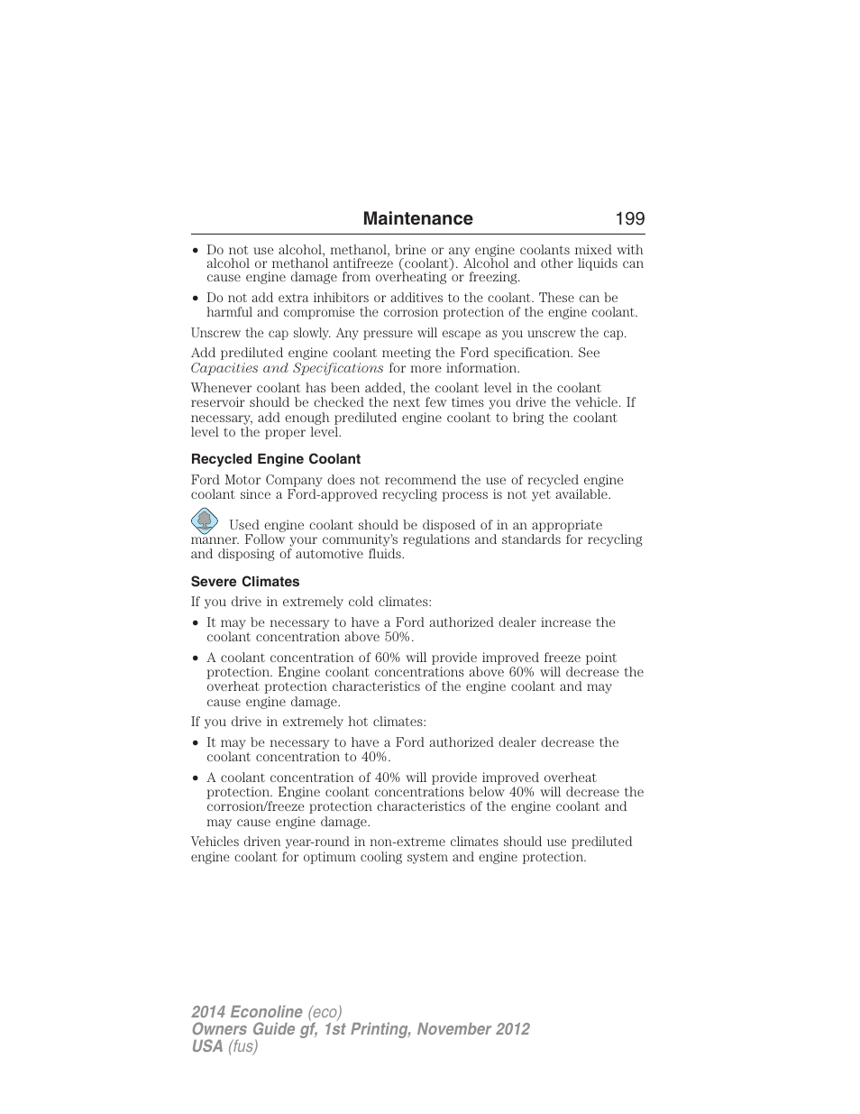 Recycled engine coolant, Severe climates, Maintenance 199 | FORD 2014 E-450 v.1 User Manual | Page 200 / 438