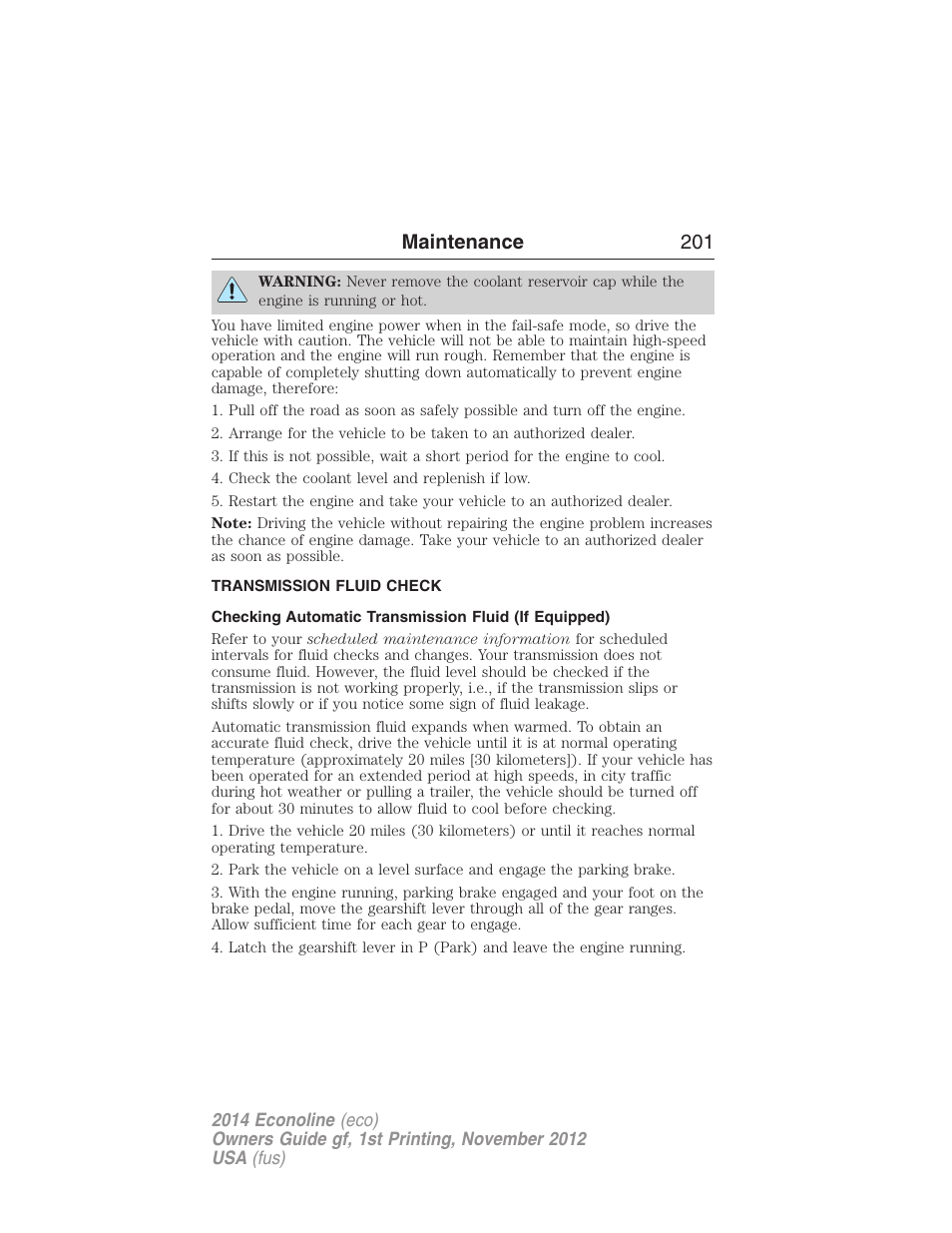 Transmission fluid check, Automatic transmission fluid check, Maintenance 201 | FORD 2014 E-450 v.1 User Manual | Page 202 / 438