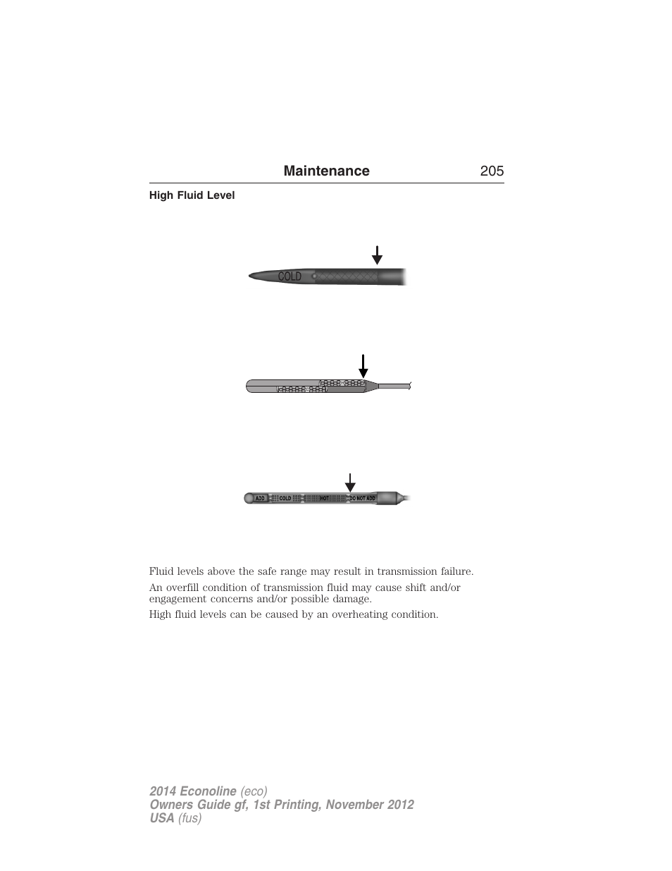 High fluid level, Maintenance 205 | FORD 2014 E-450 v.1 User Manual | Page 206 / 438