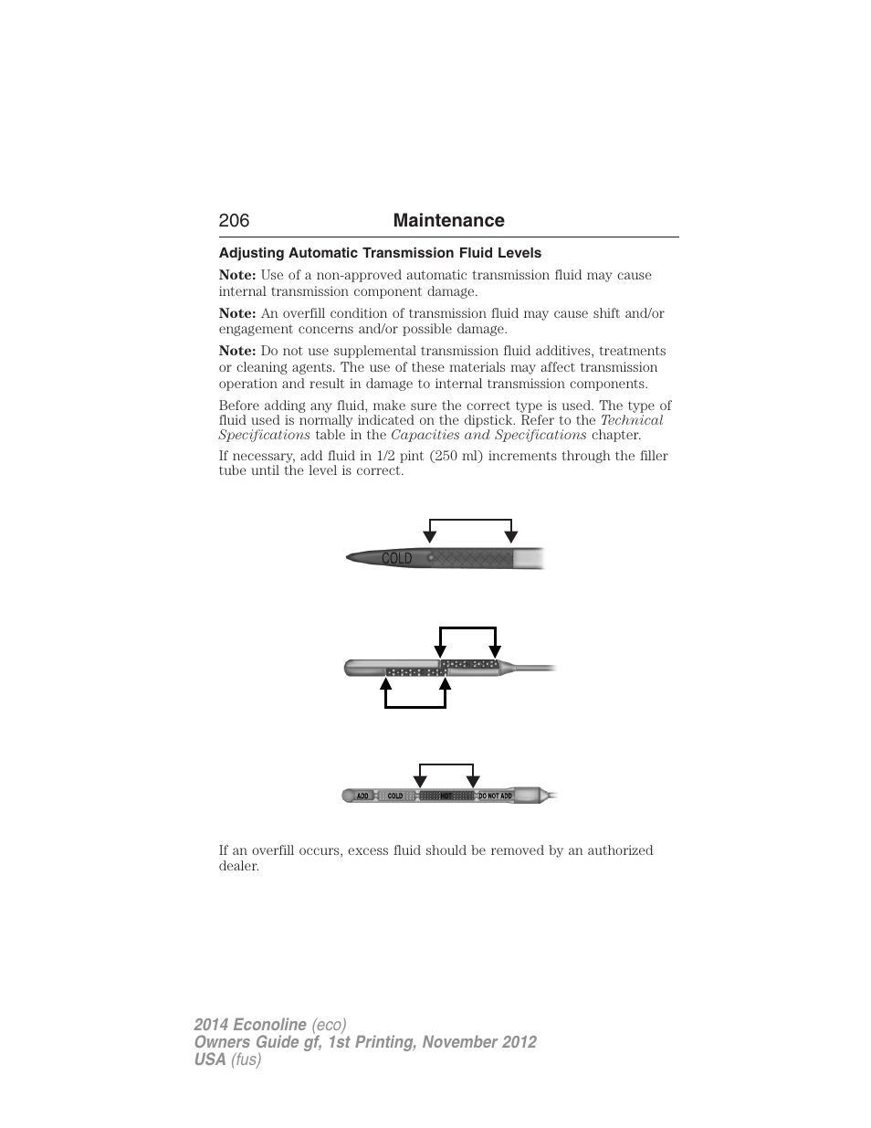 Adjusting automatic transmission fluid levels, 206 maintenance | FORD 2014 E-450 v.1 User Manual | Page 207 / 438