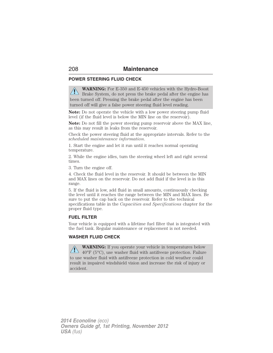 Power steering fluid check, Fuel filter, Washer fluid check | 208 maintenance | FORD 2014 E-450 v.1 User Manual | Page 209 / 438