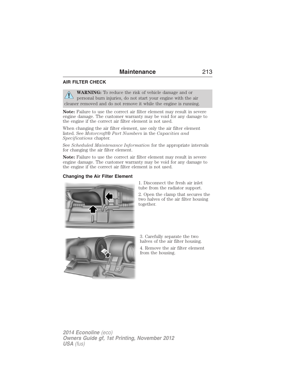 Air filter check, Changing the air filter element, Air filter(s) | Maintenance 213 | FORD 2014 E-450 v.1 User Manual | Page 214 / 438