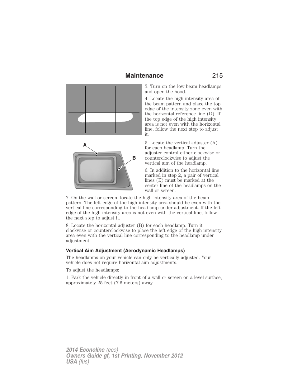 Vertical aim adjustment (aerodynamic headlamps), Maintenance 215 | FORD 2014 E-450 v.1 User Manual | Page 216 / 438
