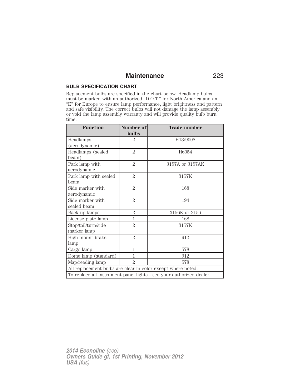 Bulb specification chart, Maintenance 223 | FORD 2014 E-450 v.1 User Manual | Page 224 / 438