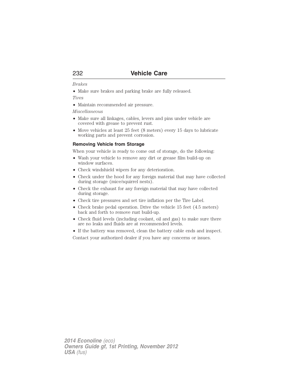 Removing vehicle from storage, 232 vehicle care | FORD 2014 E-450 v.1 User Manual | Page 233 / 438
