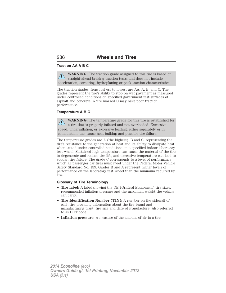 Traction aa a b c, Temperature a b c, Glossary of tire terminology | 236 wheels and tires | FORD 2014 E-450 v.1 User Manual | Page 237 / 438