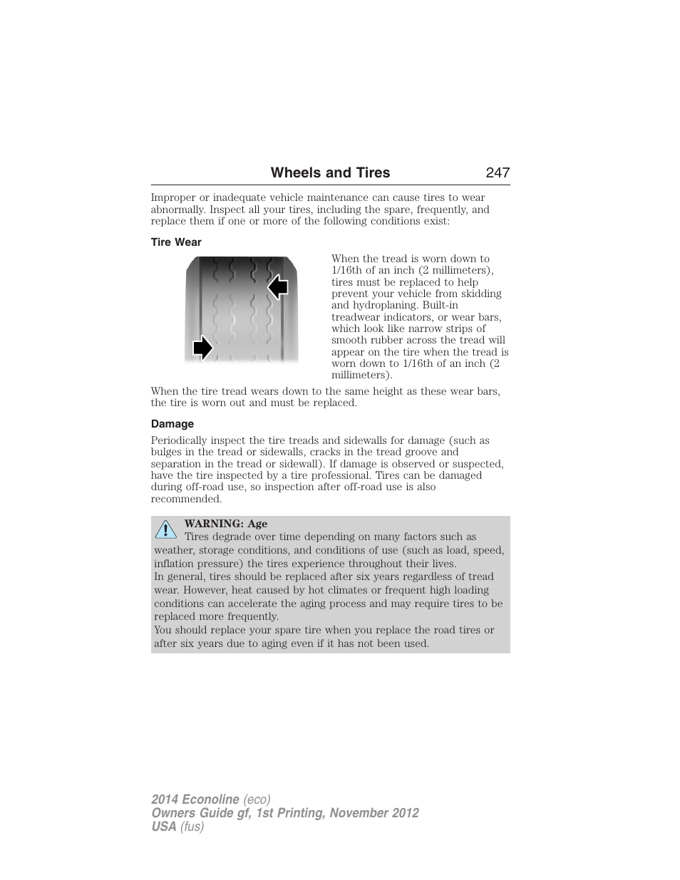 Tire wear, Damage, Wheels and tires 247 | FORD 2014 E-450 v.1 User Manual | Page 248 / 438