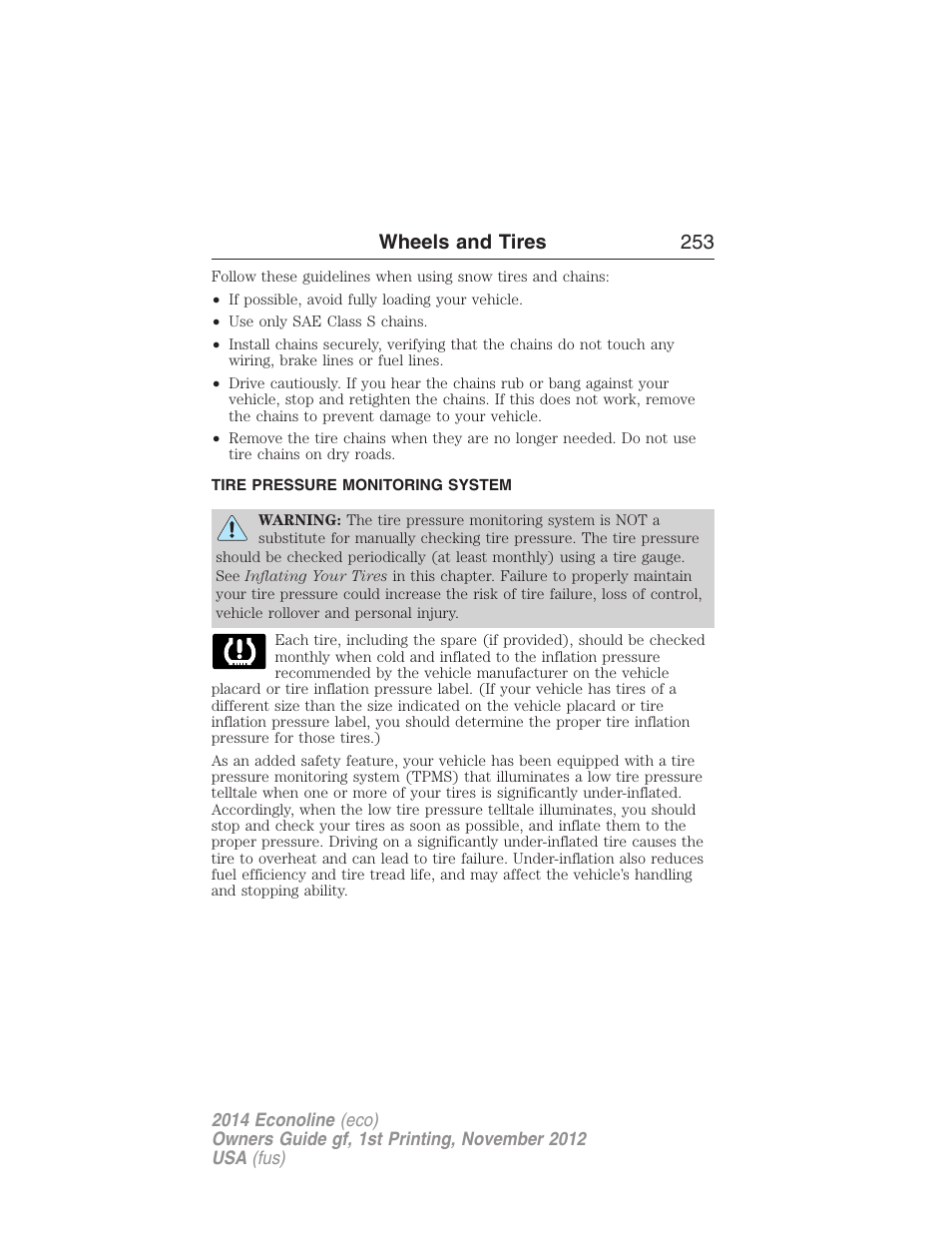 Tire pressure monitoring system, Tire pressure monitoring system (tpms), Wheels and tires 253 | FORD 2014 E-450 v.1 User Manual | Page 254 / 438