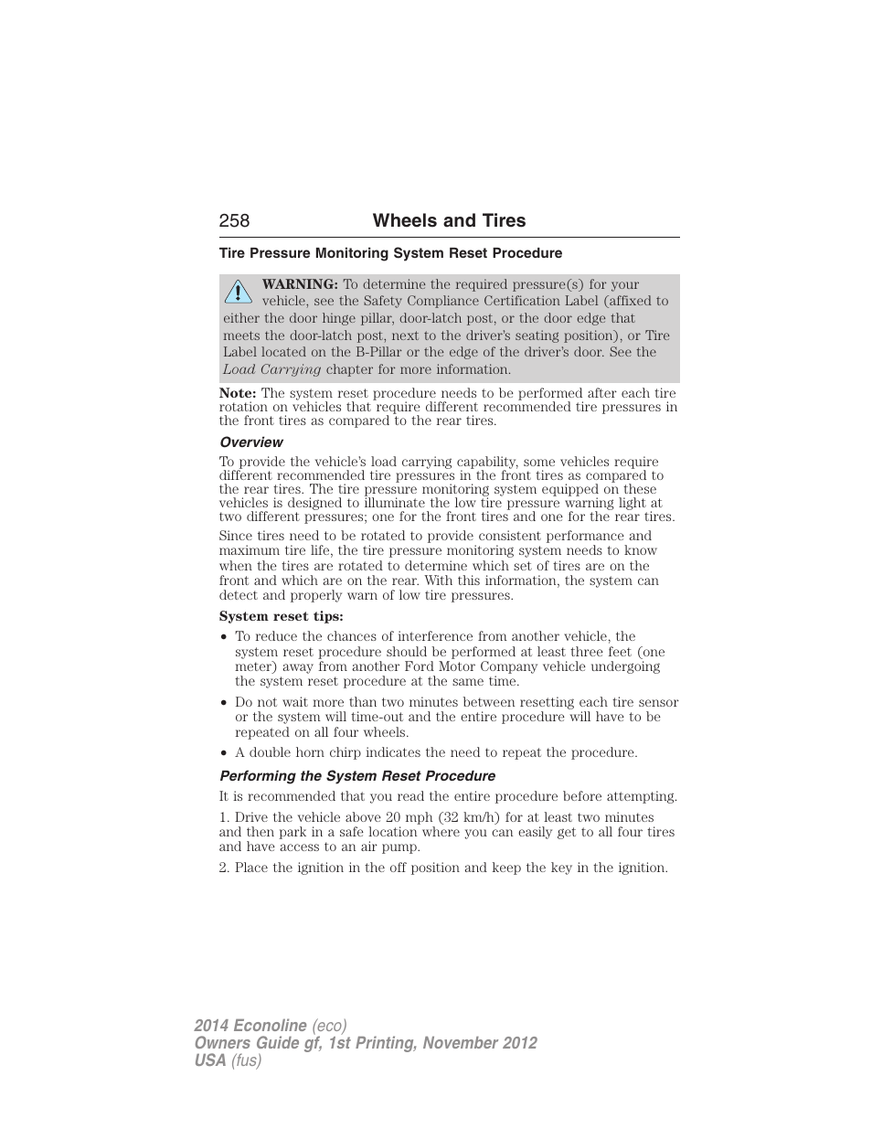 Tire pressure monitoring system reset procedure, Overview, Performing the system reset procedure | 258 wheels and tires | FORD 2014 E-450 v.1 User Manual | Page 259 / 438