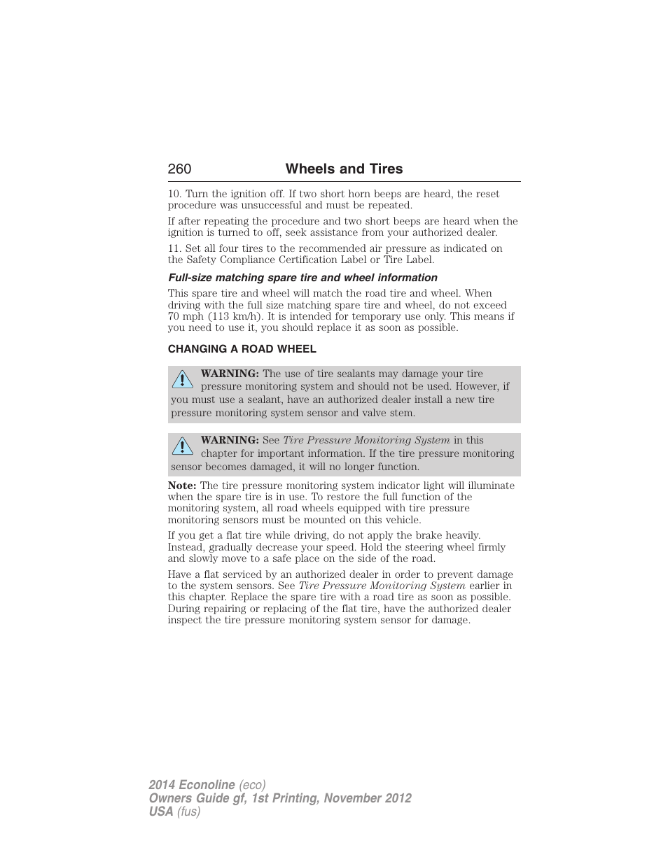 Changing a road wheel, 260 wheels and tires | FORD 2014 E-450 v.1 User Manual | Page 261 / 438