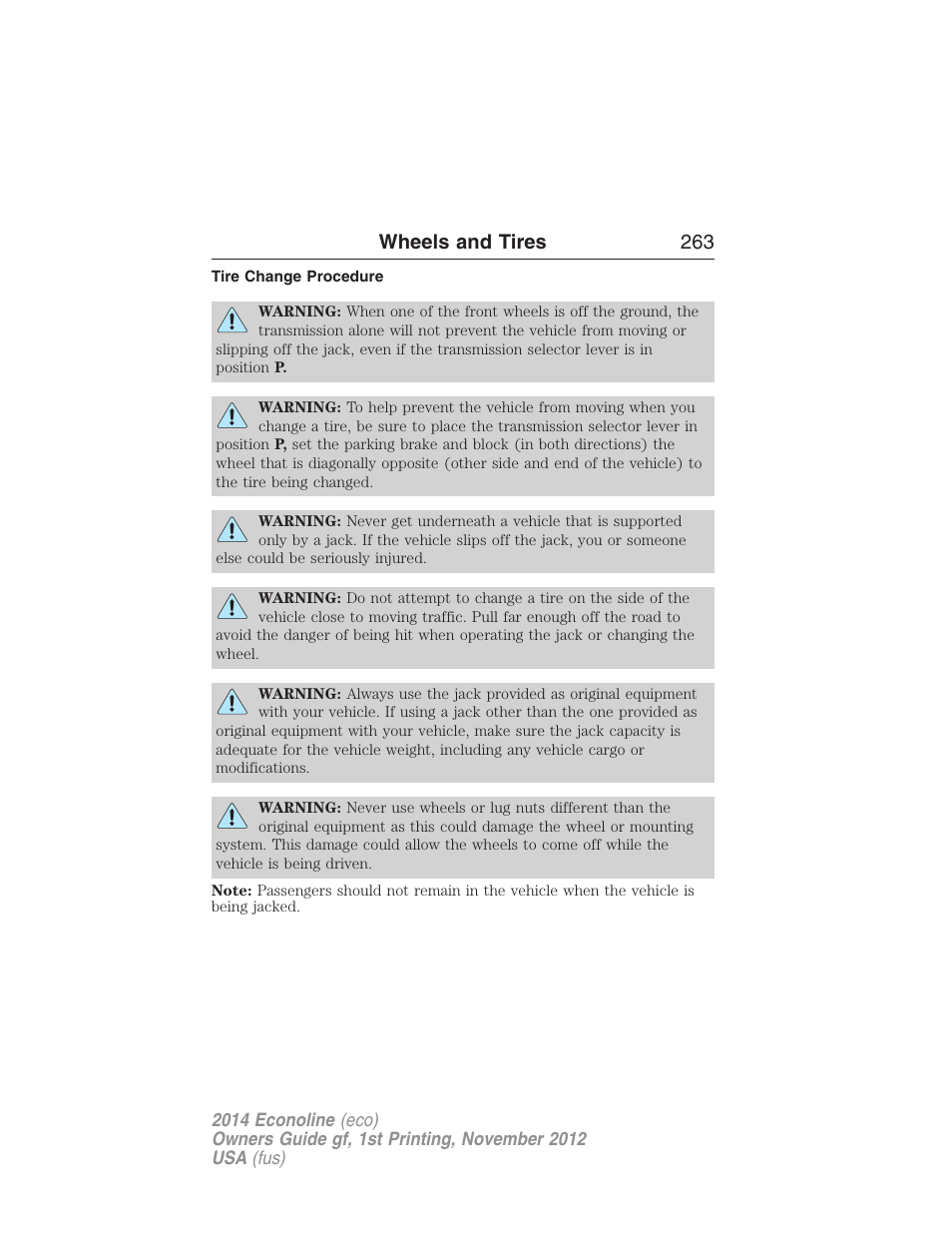 Tire change procedure, Wheels and tires 263 | FORD 2014 E-450 v.1 User Manual | Page 264 / 438