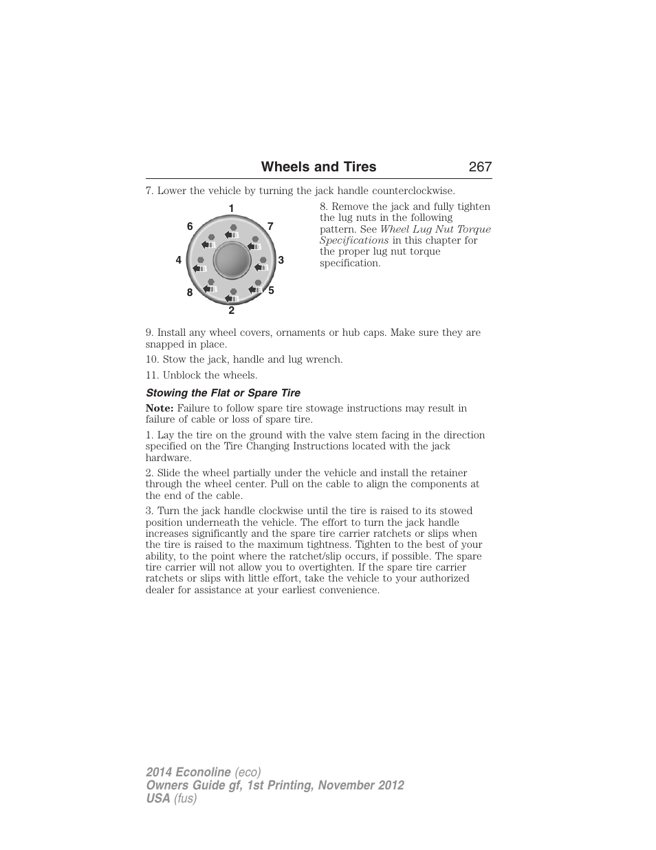 Stowing the flat or spare tire, Wheels and tires 267 | FORD 2014 E-450 v.1 User Manual | Page 268 / 438