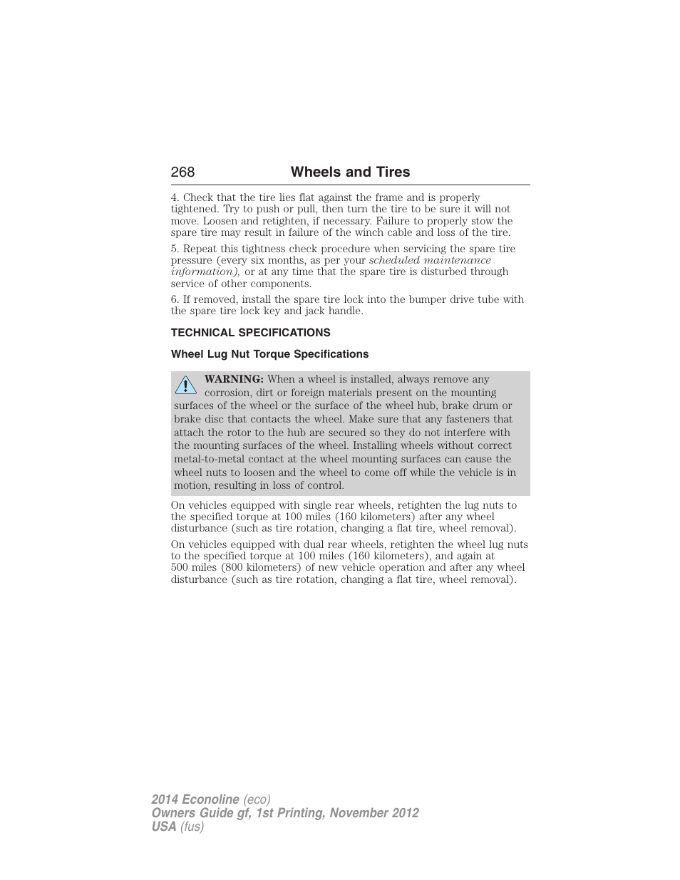 Technical specifications, Wheel lug nut torque specifications, Wheel lug nut torque | 268 wheels and tires | FORD 2014 E-450 v.1 User Manual | Page 269 / 438