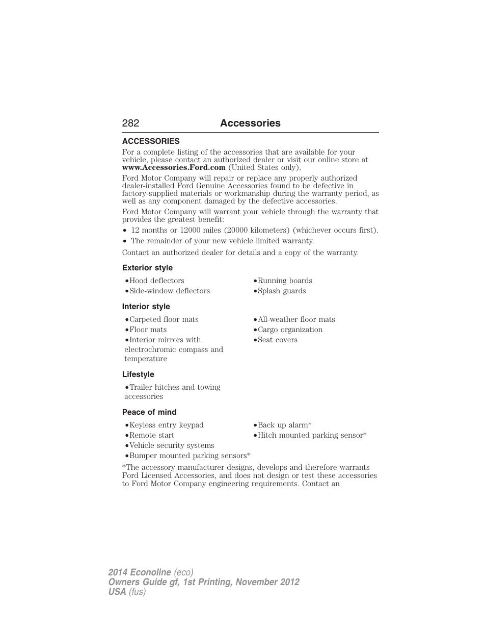 Accessories, Exterior style, Interior style | Lifestyle, Peace of mind, 282 accessories | FORD 2014 E-450 v.1 User Manual | Page 283 / 438