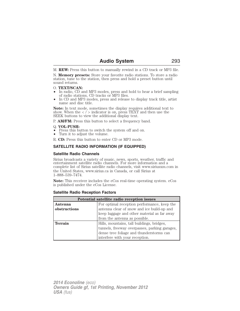Satellite radio information (if equipped), Satellite radio channels, Satellite radio reception factors | Satellite radio information, Audio system 293 | FORD 2014 E-450 v.1 User Manual | Page 294 / 438