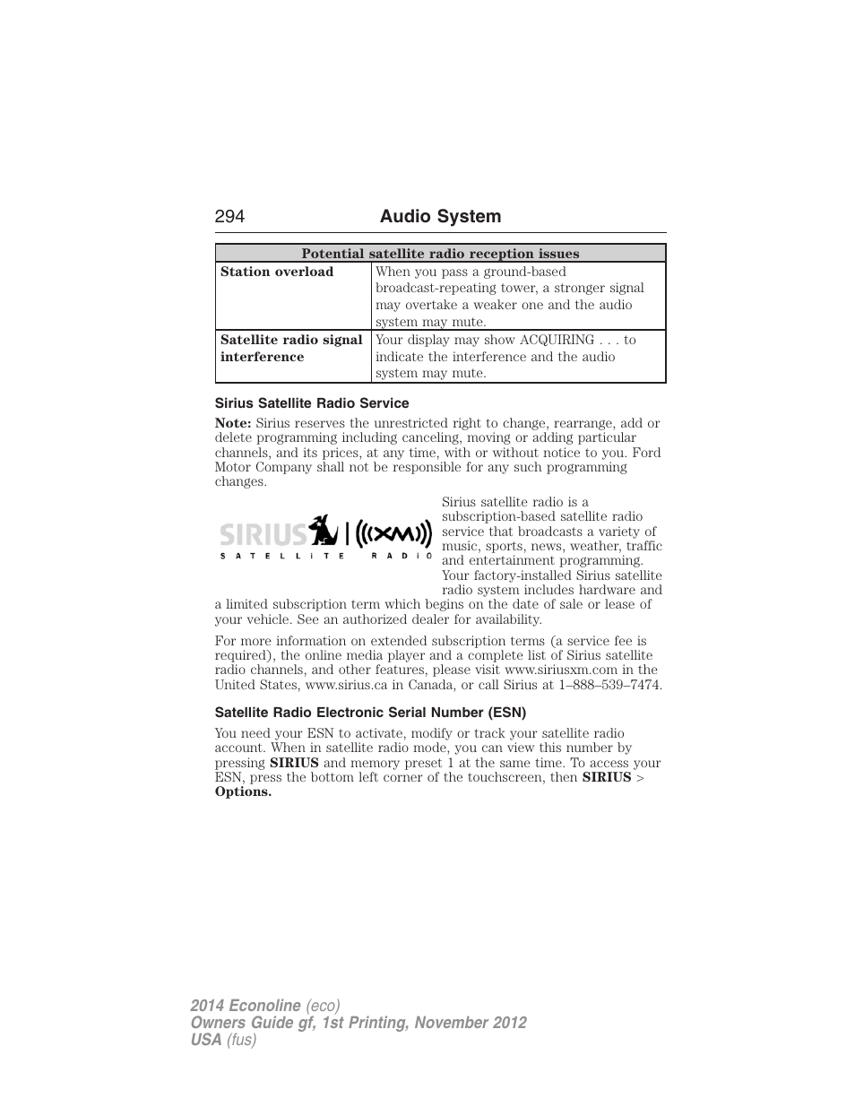 Sirius satellite radio service, Satellite radio electronic serial number (esn), 294 audio system | FORD 2014 E-450 v.1 User Manual | Page 295 / 438