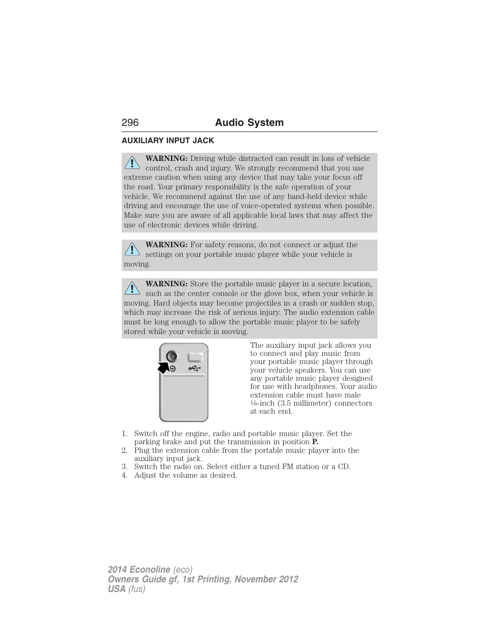 Auxiliary input jack, 296 audio system | FORD 2014 E-450 v.1 User Manual | Page 297 / 438