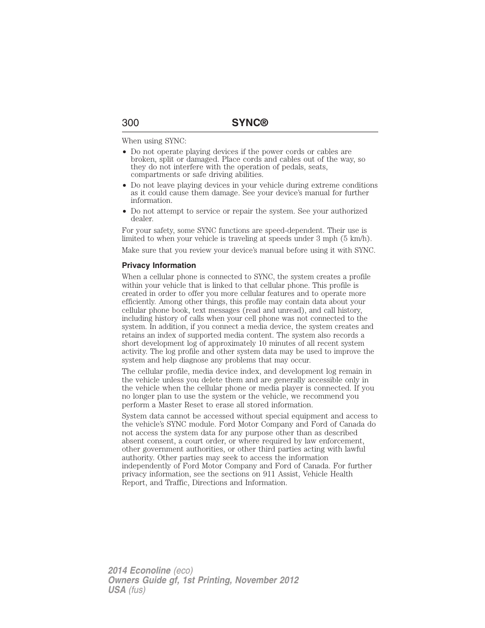 Privacy information, 300 sync | FORD 2014 E-450 v.1 User Manual | Page 301 / 438