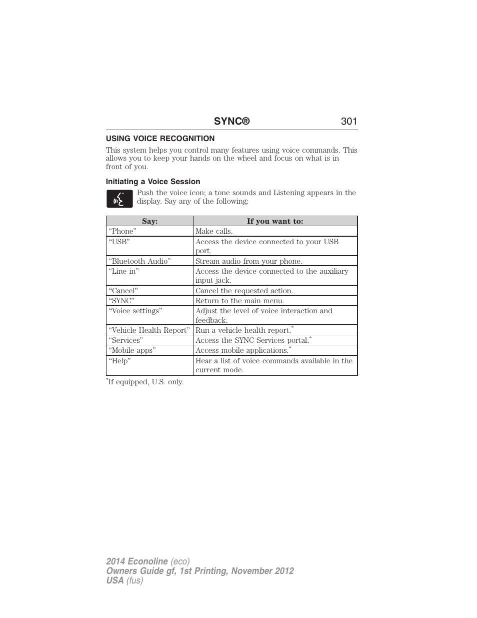 Using voice recognition, Initiating a voice session, Sync® 301 | FORD 2014 E-450 v.1 User Manual | Page 302 / 438