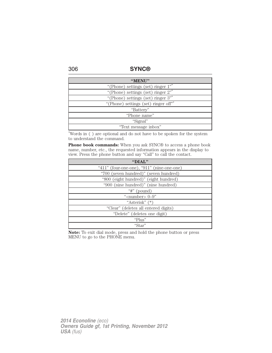 306 sync | FORD 2014 E-450 v.1 User Manual | Page 307 / 438