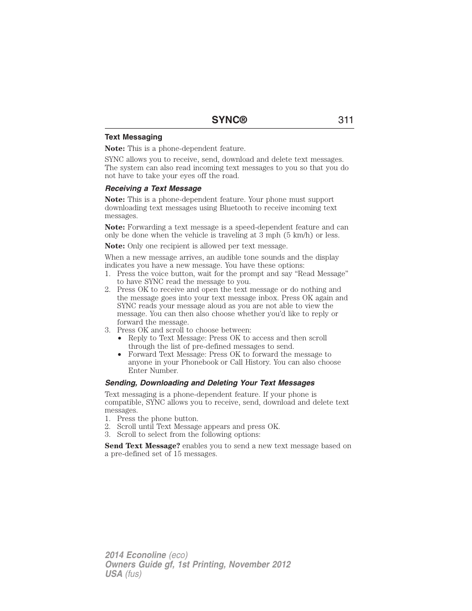 Text messaging, Receiving a text message, Sync® 311 | FORD 2014 E-450 v.1 User Manual | Page 312 / 438