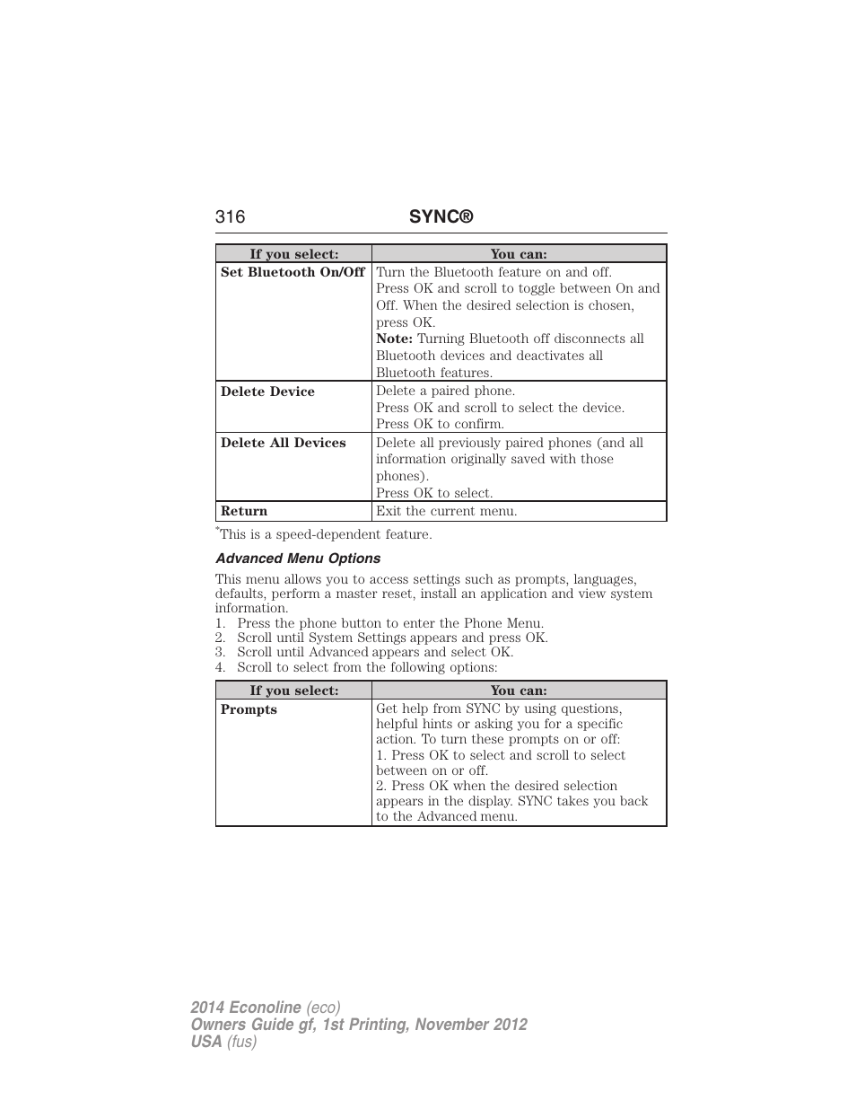 Advanced menu options, 316 sync | FORD 2014 E-450 v.1 User Manual | Page 317 / 438