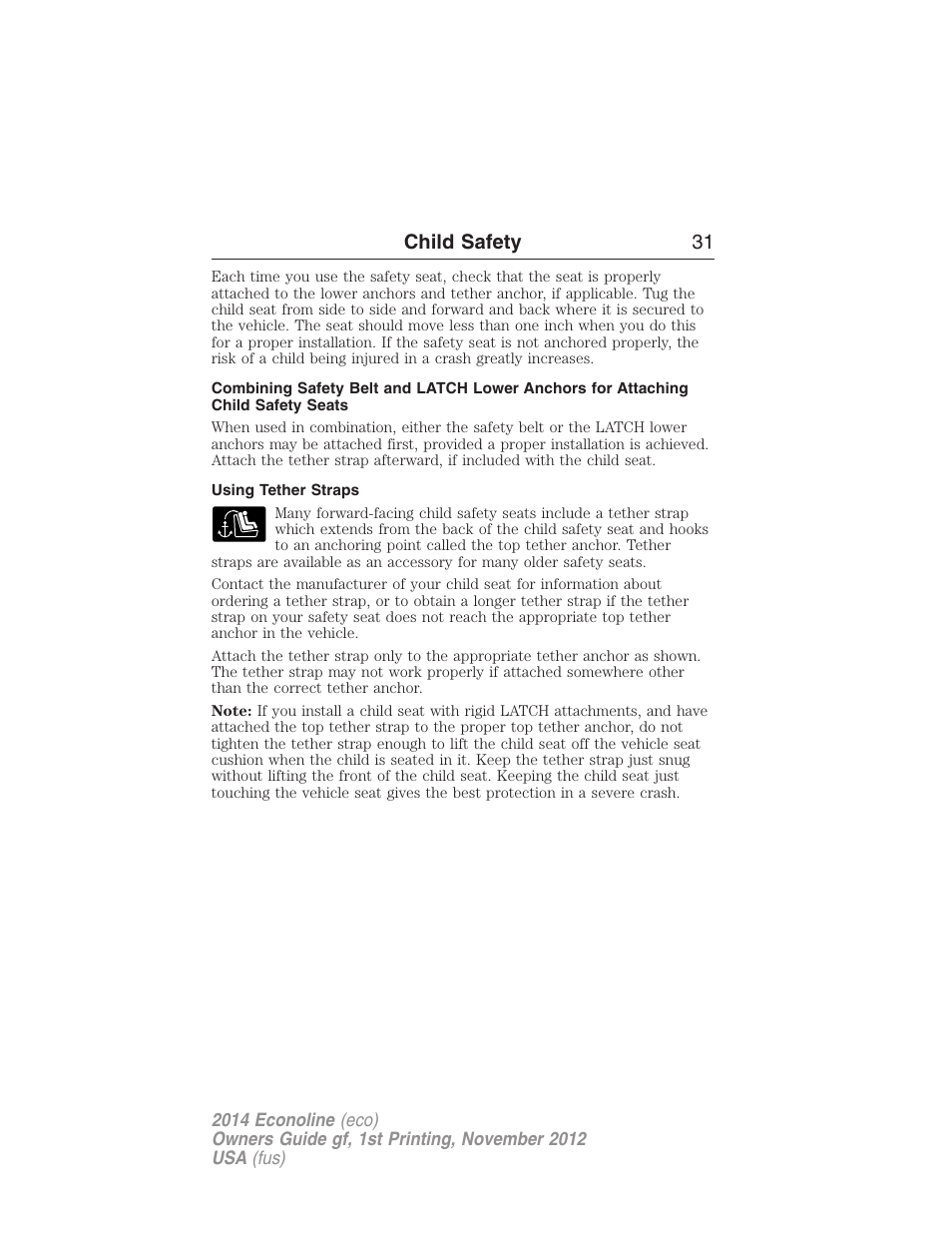 Using tether straps, Child safety 31 | FORD 2014 E-450 v.1 User Manual | Page 32 / 438