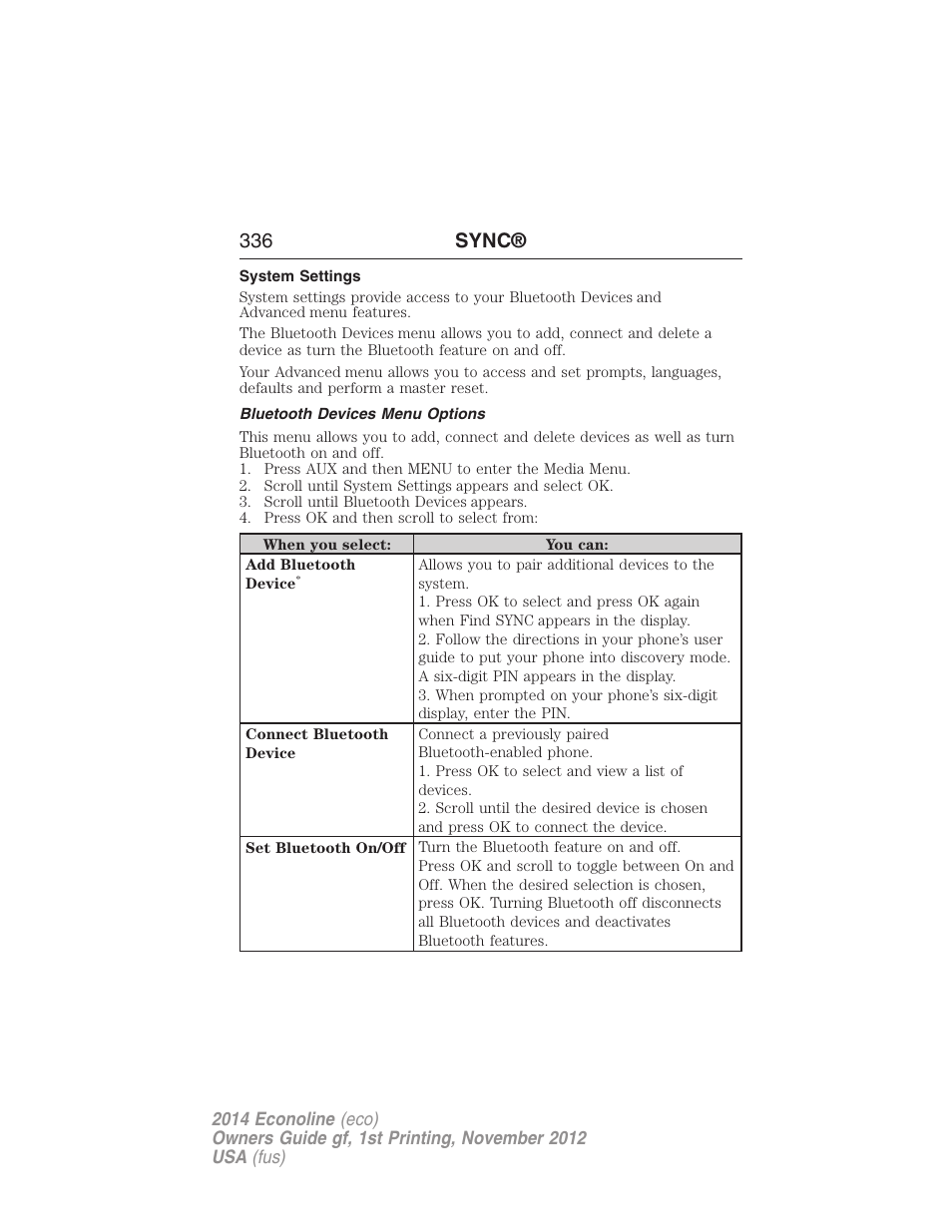 System settings, Bluetooth devices menu options, 336 sync | FORD 2014 E-450 v.1 User Manual | Page 337 / 438