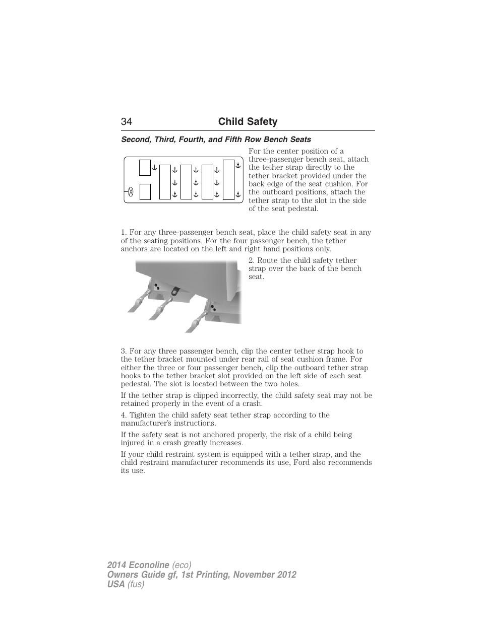 Second, third, fourth, and fifth row bench seats, 34 child safety | FORD 2014 E-450 v.1 User Manual | Page 35 / 438