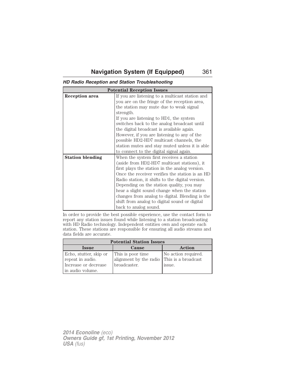 Hd radio reception and station troubleshooting, Navigation system (if equipped) 361 | FORD 2014 E-450 v.1 User Manual | Page 362 / 438