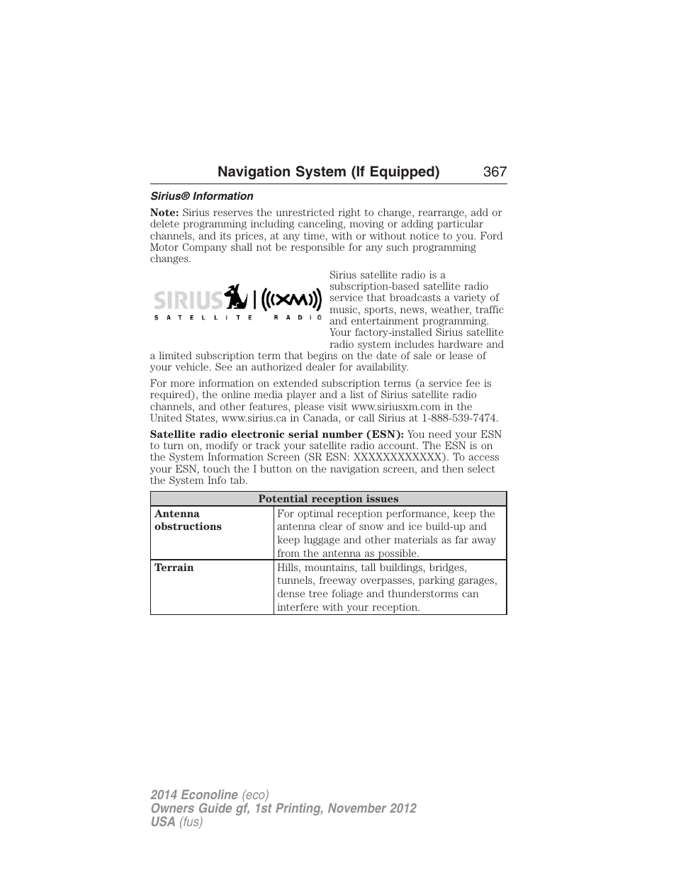 Sirius® information, Navigation system (if equipped) 367 | FORD 2014 E-450 v.1 User Manual | Page 368 / 438