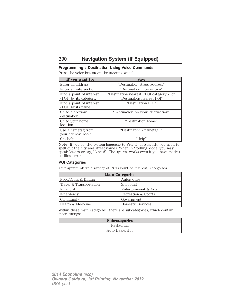 Programming a destination using voice commands, Poi categories, 390 navigation system (if equipped) | FORD 2014 E-450 v.1 User Manual | Page 391 / 438