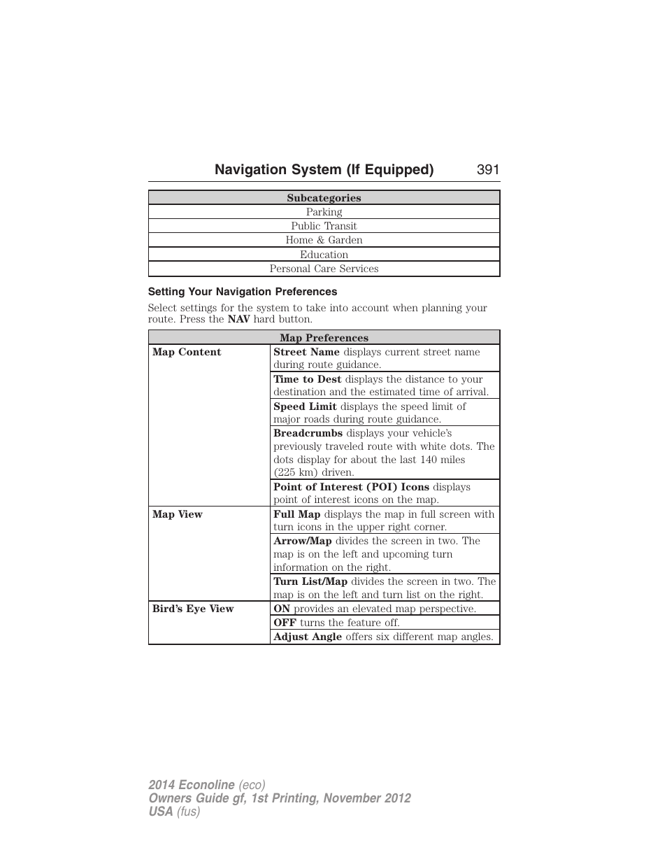Setting your navigation preferences, Navigation system (if equipped) 391 | FORD 2014 E-450 v.1 User Manual | Page 392 / 438
