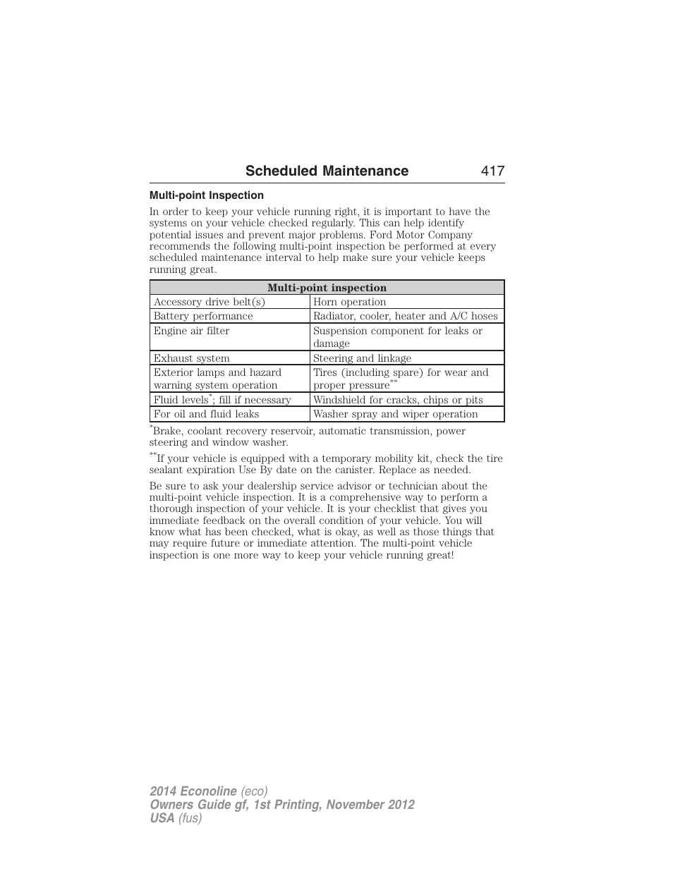 Multi-point inspection, Scheduled maintenance 417 | FORD 2014 E-450 v.1 User Manual | Page 418 / 438