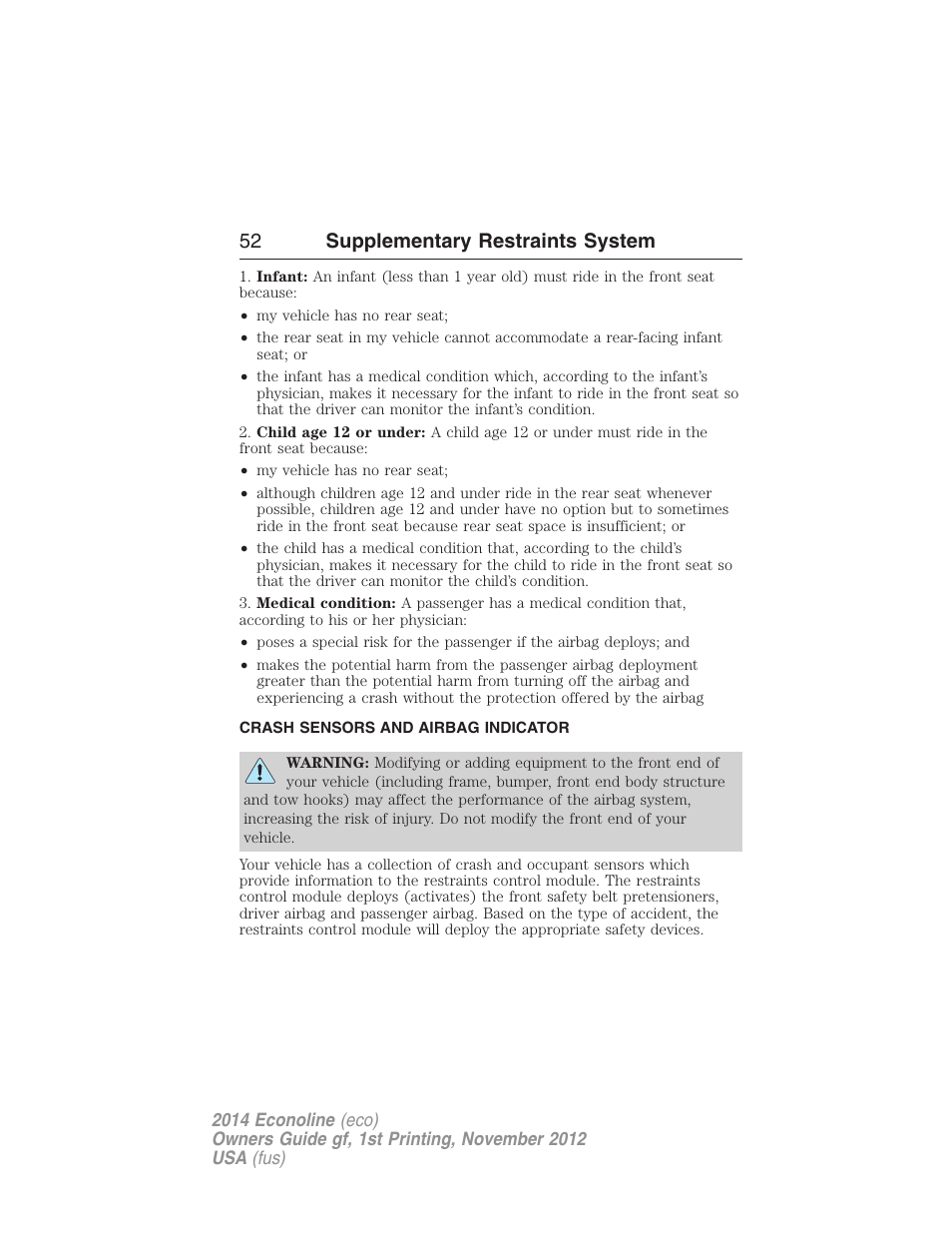 Crash sensors and airbag indicator, 52 supplementary restraints system | FORD 2014 E-450 v.1 User Manual | Page 53 / 438