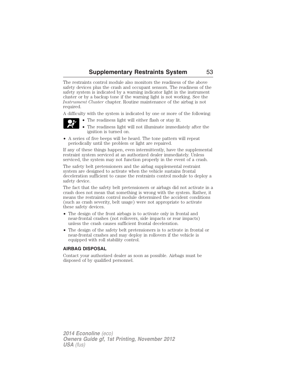 Airbag disposal, Supplementary restraints system 53 | FORD 2014 E-450 v.1 User Manual | Page 54 / 438