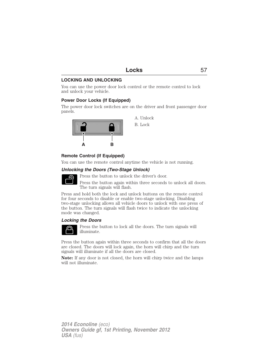 Locks, Locking and unlocking, Power door locks (if equipped) | Remote control (if equipped), Unlocking the doors (two-stage unlock), Locking the doors, Locks 57 | FORD 2014 E-450 v.1 User Manual | Page 58 / 438