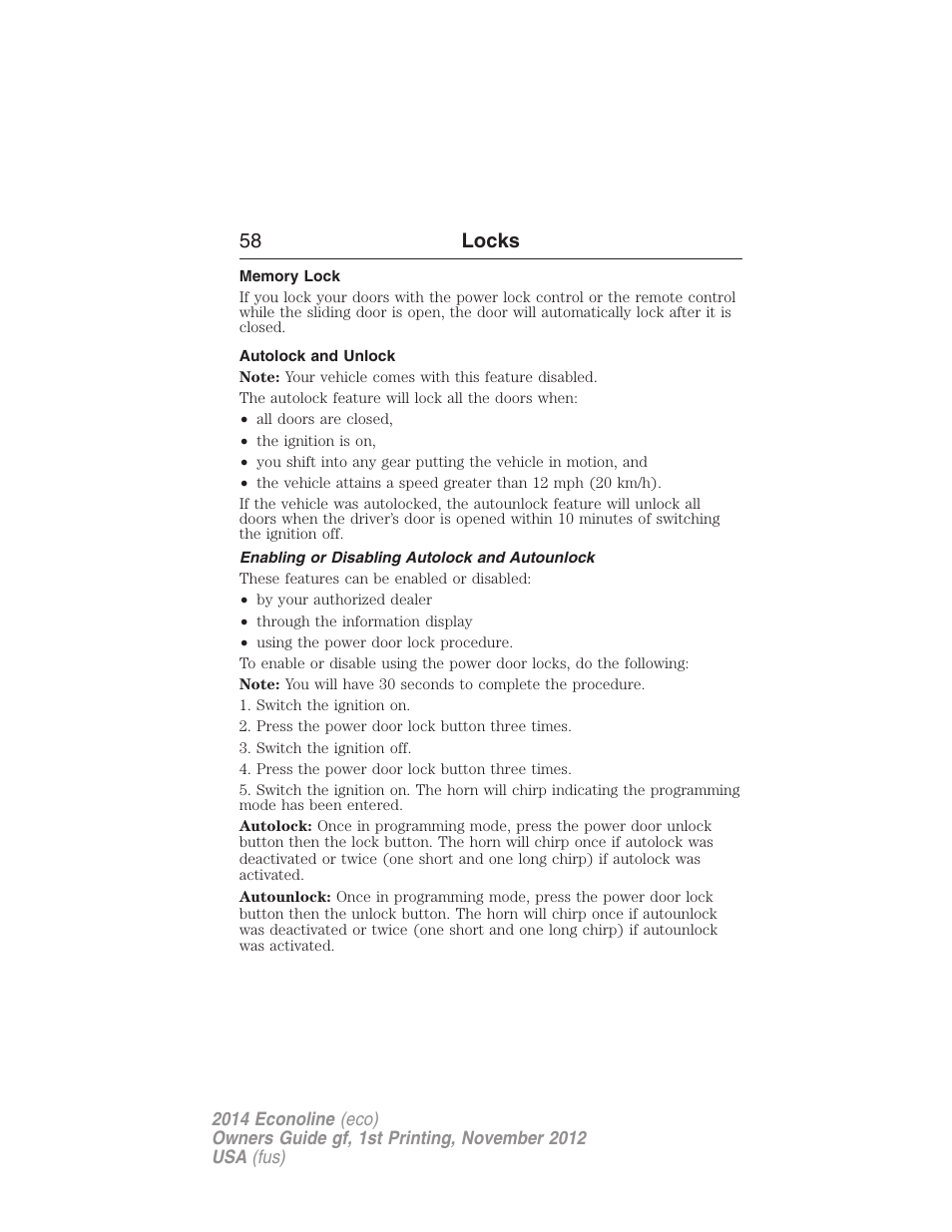 Memory lock, Autolock and unlock, Enabling or disabling autolock and autounlock | 58 locks | FORD 2014 E-450 v.1 User Manual | Page 59 / 438