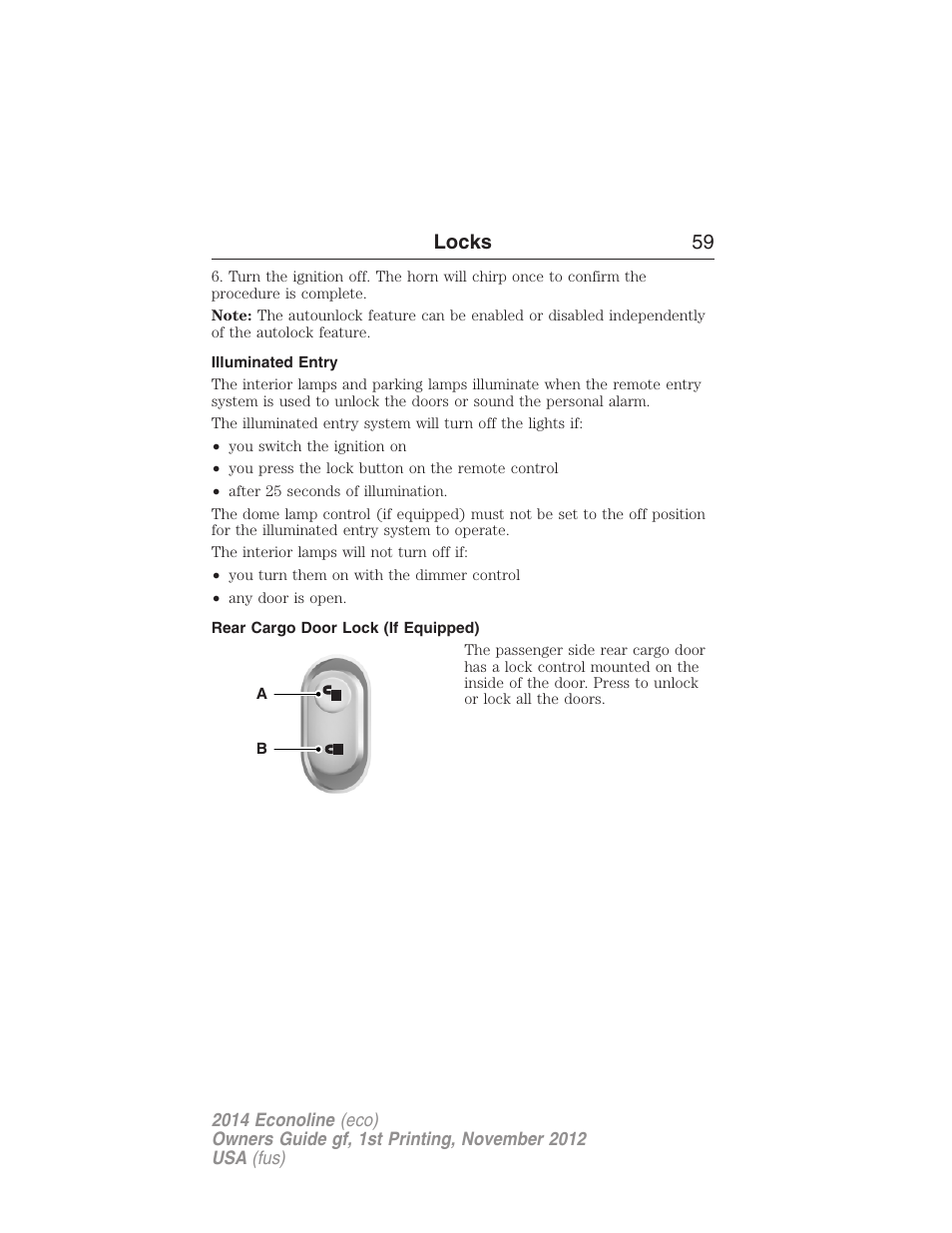 Illuminated entry, Rear cargo door lock (if equipped), Locks 59 | FORD 2014 E-450 v.1 User Manual | Page 60 / 438