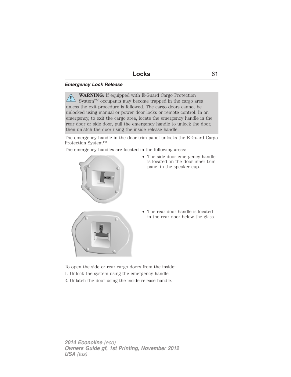 Emergency lock release, Locks 61 | FORD 2014 E-450 v.1 User Manual | Page 62 / 438