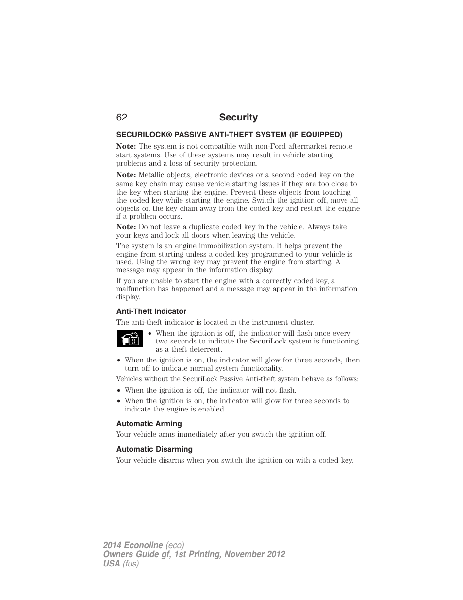Security, Anti-theft indicator, Automatic arming | Automatic disarming, Securilock® passive anti-theft system, 62 security | FORD 2014 E-450 v.1 User Manual | Page 63 / 438