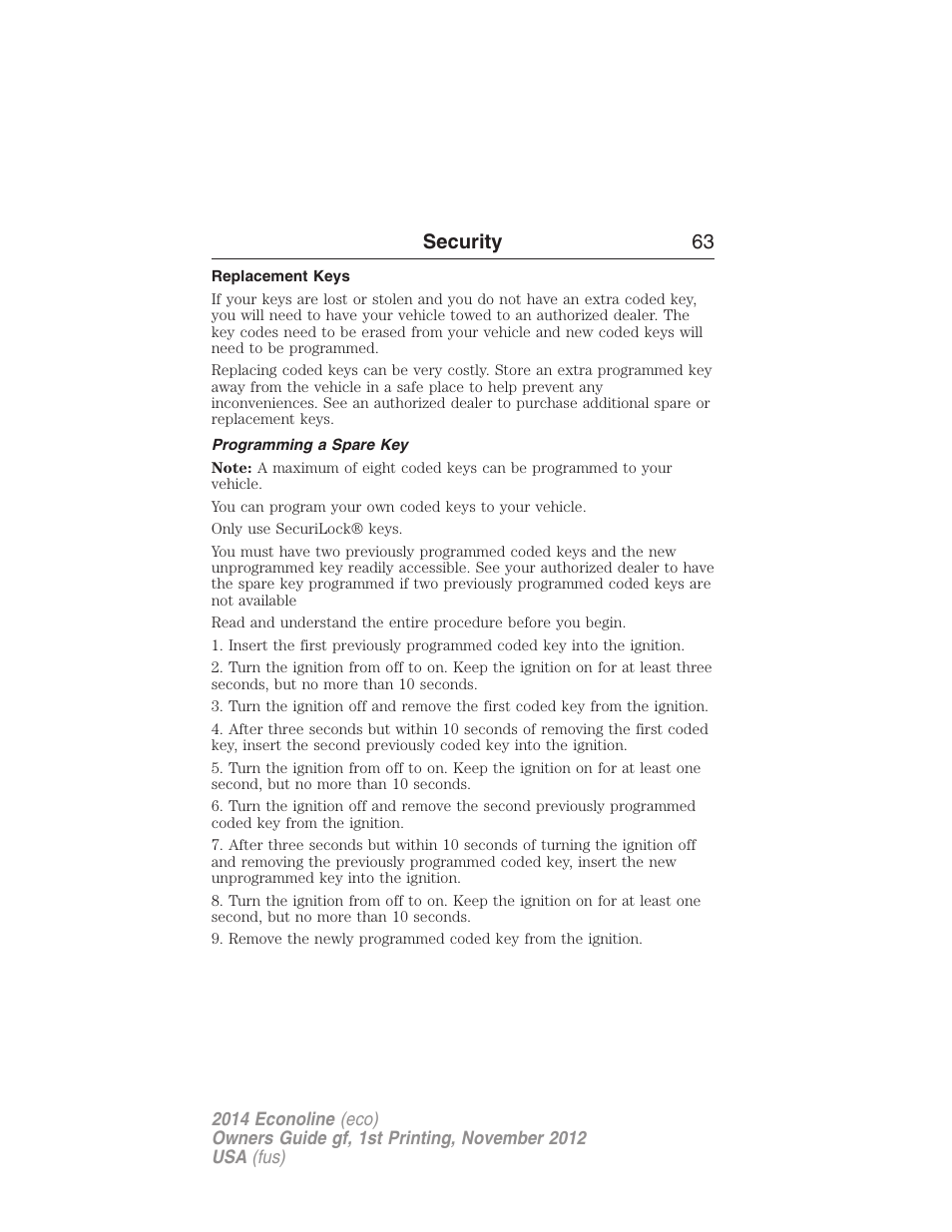 Replacement keys, Programming a spare key, Security 63 | FORD 2014 E-450 v.1 User Manual | Page 64 / 438
