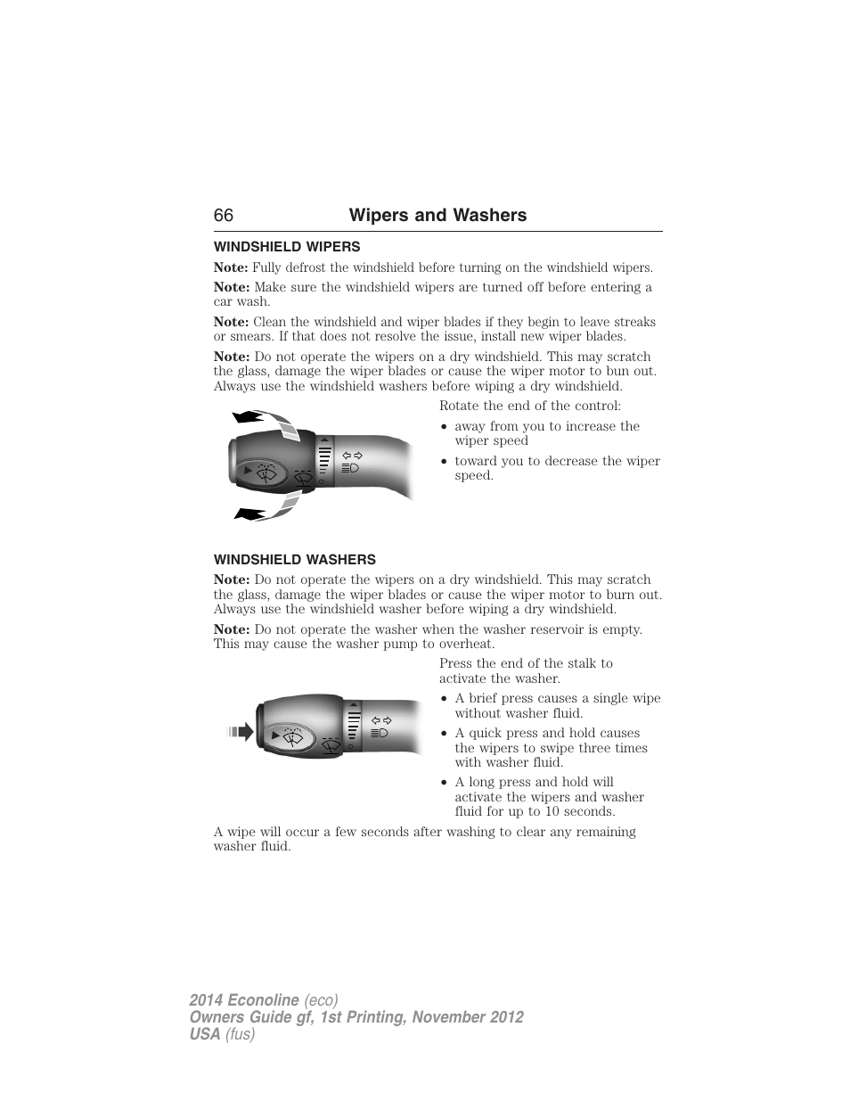 Wipers and washers, Windshield wipers, Windshield washers | 66 wipers and washers | FORD 2014 E-450 v.1 User Manual | Page 67 / 438